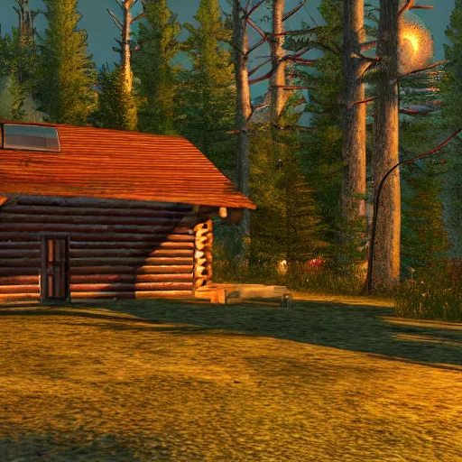 Prompt: a log cabin in the middle of the forest with a dirt path leading up to it, at sunset, Second Life game screenshot