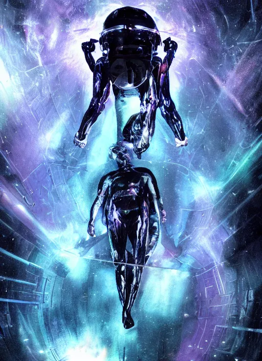 Prompt: astronauts in dark and empty void underwater - complex and dynamic composition. reflection and dispersion materials. rays and dispersion of light. volumetric light. 5 0 mm, f / 3 2. noise film photo. flash photography. ultra realistic, motion blur poster by wayne barlowe, hajime sorayama aaron horkey, craig mullins. dark key.