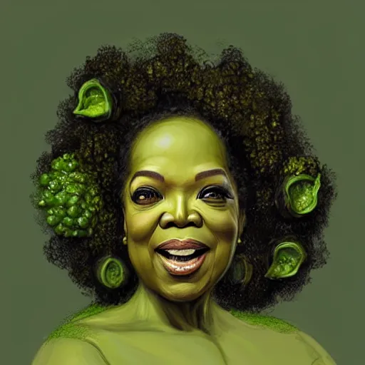 Image similar to a dish of oprah winfreys face fused with okra veg with green stalky ( ( green oprah winfrey's face ) ), oprah okra winfrey sentient veg, by greg rutkowski