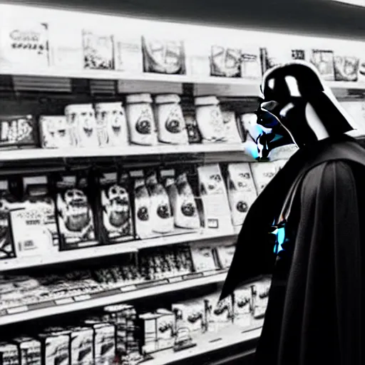 Prompt: security camera footage of darth vader shopping in an convenience store, filmic, cinematographic