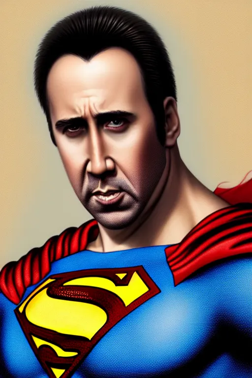 Image similar to portrait of nicolas cage as superman looking away from the camera, detailed eyes, sparkle in eyes, no hands visible, intricate, extremely detailed digital painting by greg rutkowski and mark brooks, hd, artstation