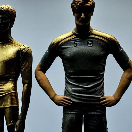 Prompt: a realistic detailed photo of a guy who is an attractive humanoid who is half robot and half humanoid, who is a male android, soccer players martin ødegaard & timo werner, shiny skin, posing like a statue, blank stare, in a museum, on display, showing off his muscles, gold soccer shorts, no jersey, several of them lined up, statue