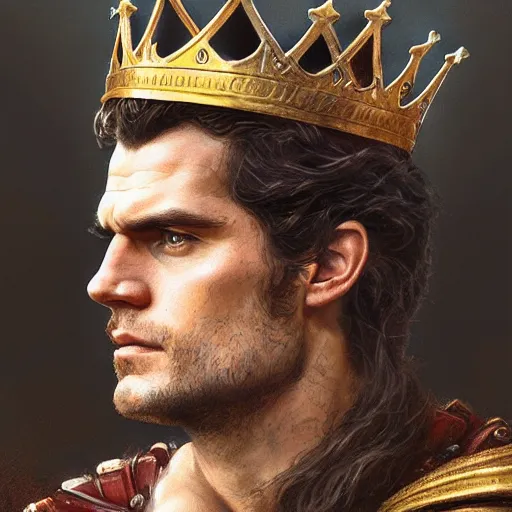 Prompt: henry cavill wearing a kings crown as a realistic fantasy d & d character, closeup portrait art by donato giancola and greg rutkowski, realistic face, digital art, trending on artstation