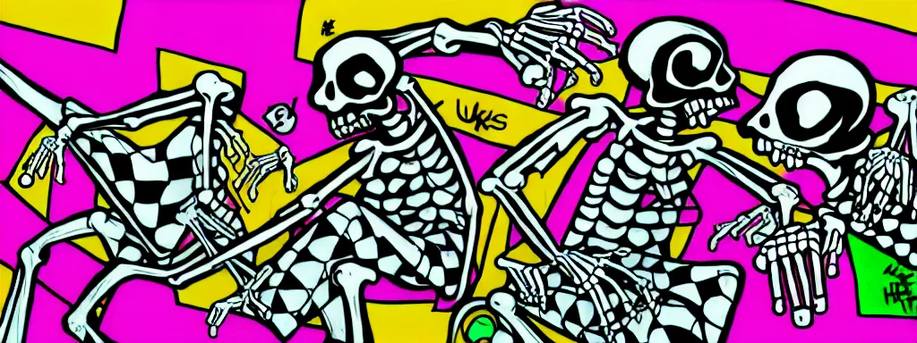 Prompt: ska skeleton and girlfriend, graffiti art, 8 0 s checkerboard 6 6 6, digital art, chalk, ultra detailed by tara mcpherson and gary houston, 3 5 mm