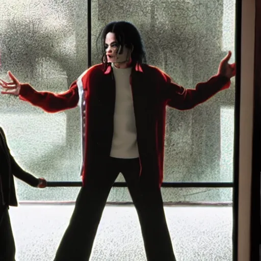 Image similar to michael jackson meeting his younger self, movie still 8 k hdr atmospheric lighting