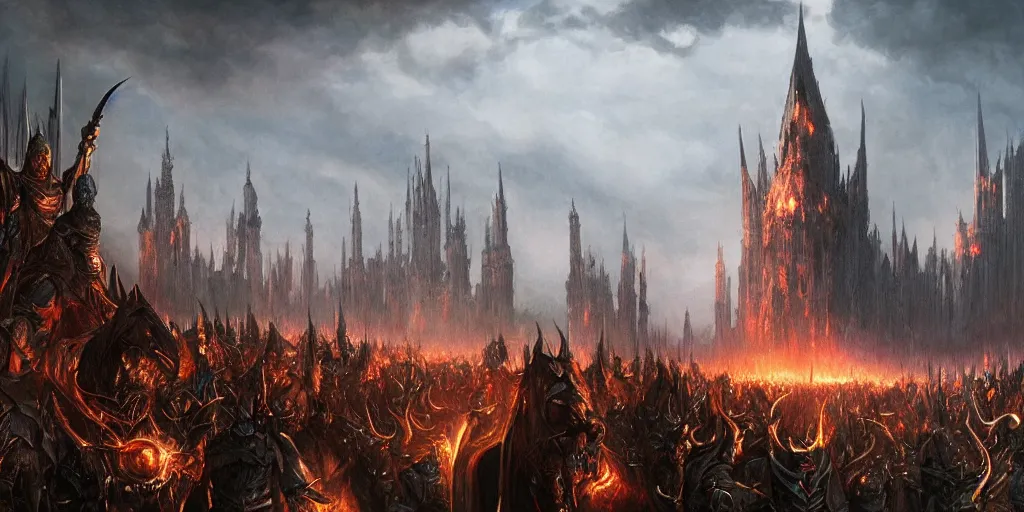 Image similar to Sauron in the foreground with his troops in the background in the evening, detailed matte painting, cinematic, Alan Lee, Artstation