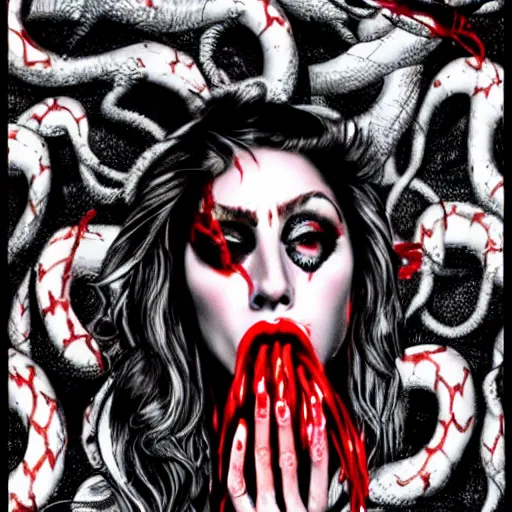 Image similar to lady gaga crying blood with snakes entering her mouth, in the art style of American horror story,