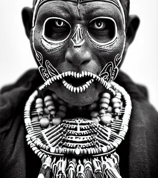 Prompt: portrait of a hopi sorcerer wearing a scary mask and many necklaces, angry look, dark background, studio light, hdr, nikon 2 4 mm f / 1. 8 g, by sebastiao salgado