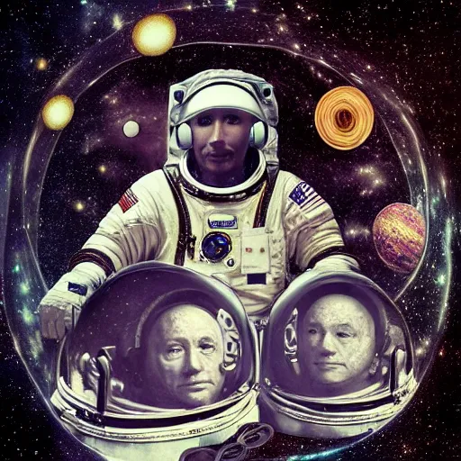 Image similar to double exposure portrait of astronaut and another astronaut with space and time in the the background by davinci, circles, psychedelic, pencil art, high definition, dynamic lighting stars, sharpness, golden ratio