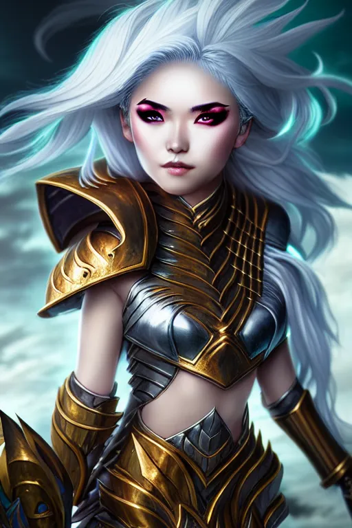 Image similar to sakimi chan, fantasy armor, detailed face, white skin, dramatic lighting, tony sart, wind, lightning