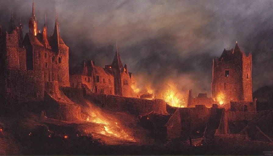 Prompt: a medieval fantasy white fortress burning on a hill by night, ted nasmith, great composition, lighting, chiaroscuro