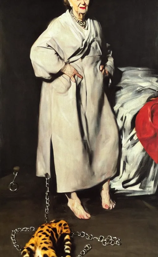 Image similar to an oil portrait of margaret thatcher in ceremonial robe keeping chained distressed servals at her feet, high quality, artstation, higly detailed, art by velaquez rubens and francisco goya, dark lighting