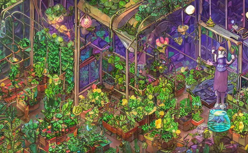 Image similar to a greenhouse with alien plants, potions, a giant fountain in the middle, a women working behind a counter, fantastic lighting, pixel art, high detail