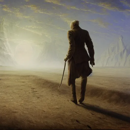 Prompt: A lonely white wolf man walking a corrupted crystal desert by Jacek Yurka, Carl Gustav Carus, 8k, ultra realistic painting