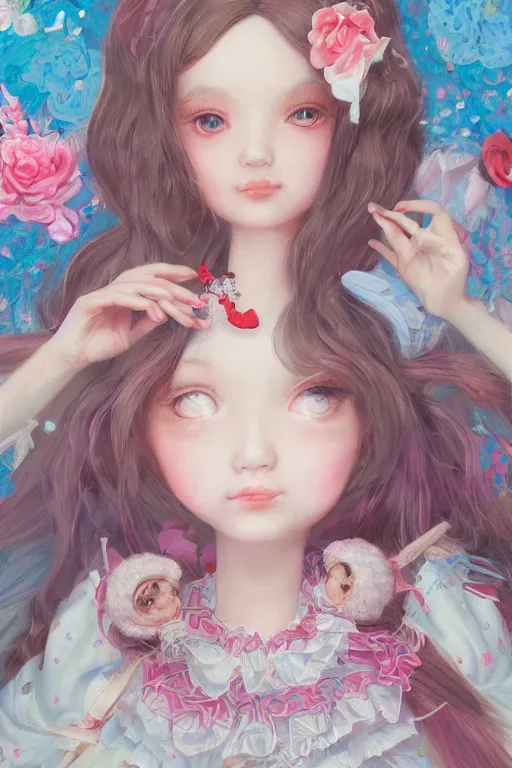 Image similar to Portrait of a doll in alice in wonderland art by Hikari Shimoda, Trending on artstation, artstationHD, artstationHQ, 4k, 8k