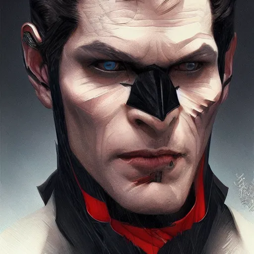 Image similar to portrait of Batman but as a vampire, intricate, headshot, highly detailed, digital painting, artstation, concept art, sharp focus, cinematic lighting, illustration, art by artgerm and greg rutkowski, alphonse mucha, cgsociety