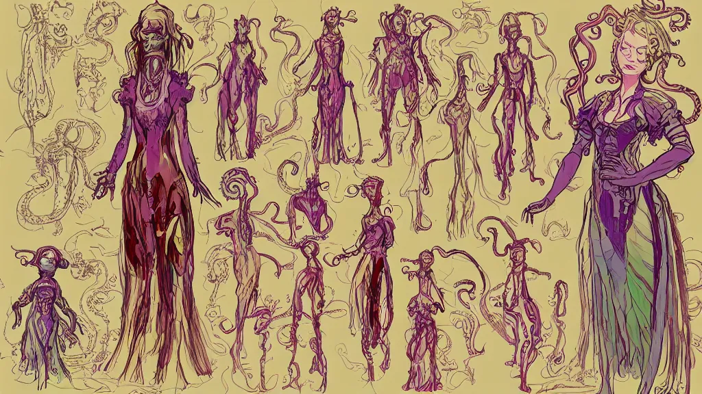 Image similar to highly detailed colorful character sheet for a stocky alien extraterrestrial victorian female servant maid with thick snake - like tentacles instead of hair, long dress with apron, mucha, jim henson creature shop, impact by craig mullins, by studio ghibli, digital art, trending on artstation, hd, 8 k, good lighting, beautiful, rough paper, masterpiece