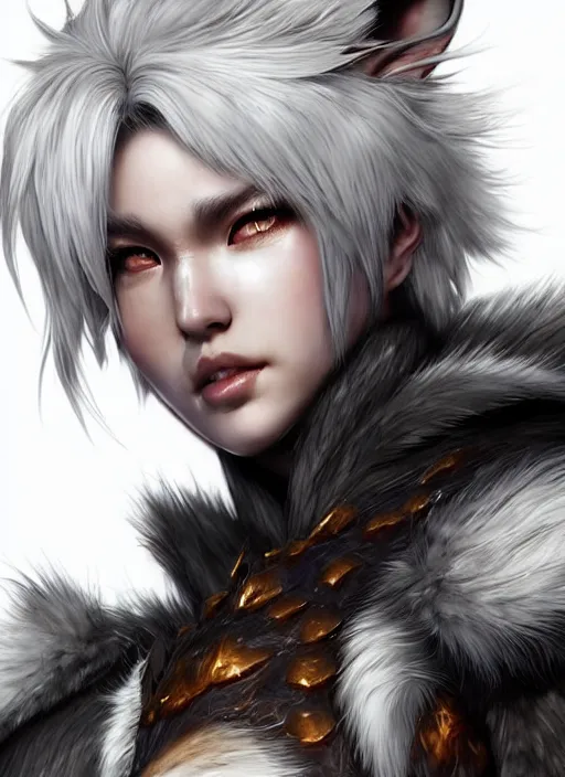 Prompt: warrior, fur - lined wolf armor!!! beautiful and gorgeous white hair female!! monster hunter!! character concept art, sharp focus, octane render! unreal engine 5! highly rendered!! trending on artstation!! detailed linework!! illustration by artgerm, wlop, and chie yoshii