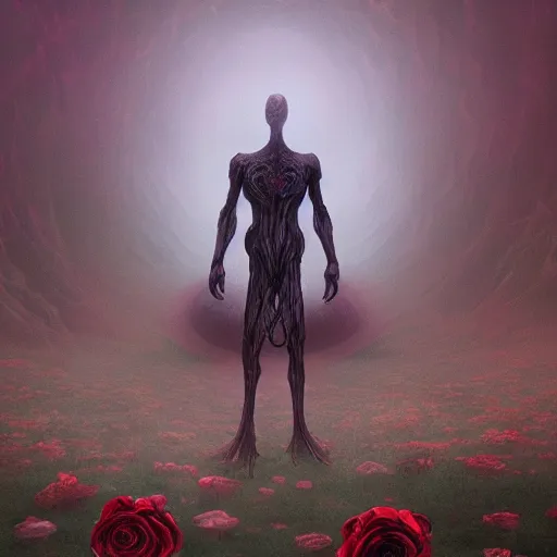 Prompt: concept art of a giant slender fractal titan, elegant, day time, foreboding, fantasy, field, roses, trending on artstation, wayne barlowe