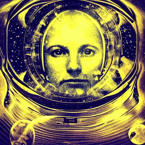 Image similar to double exposure portrait of astronaut and space and time in the the background by davinci, circles, psychedelic, pencil art, high definition, dynamic lighting stars, sharpness, golden ratio