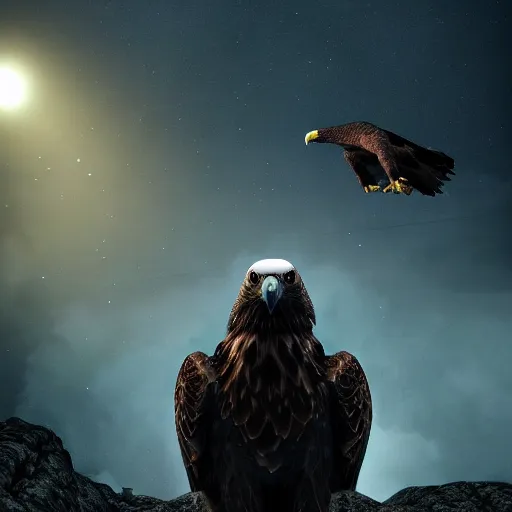 Prompt: A extremely realistic photo of an eagle with night vision goggles, standing bird, sharp claws, cloudy, midnight, smoke, ultra high detail digital art, trending on Artstation, unreal engine