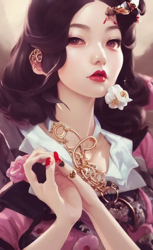 Prompt: a pin up and beautiful fashion and charming and dreamlke japan girl with lv jewelry, character art, art by artgerm lau and kyoung hwan kim and and ilya kuvshinov and john singer sargent, hyperdetailed, 8 k realistic, symmetrical, frostbite 3 engine, cryengine, dof, trending on artstation, digital art