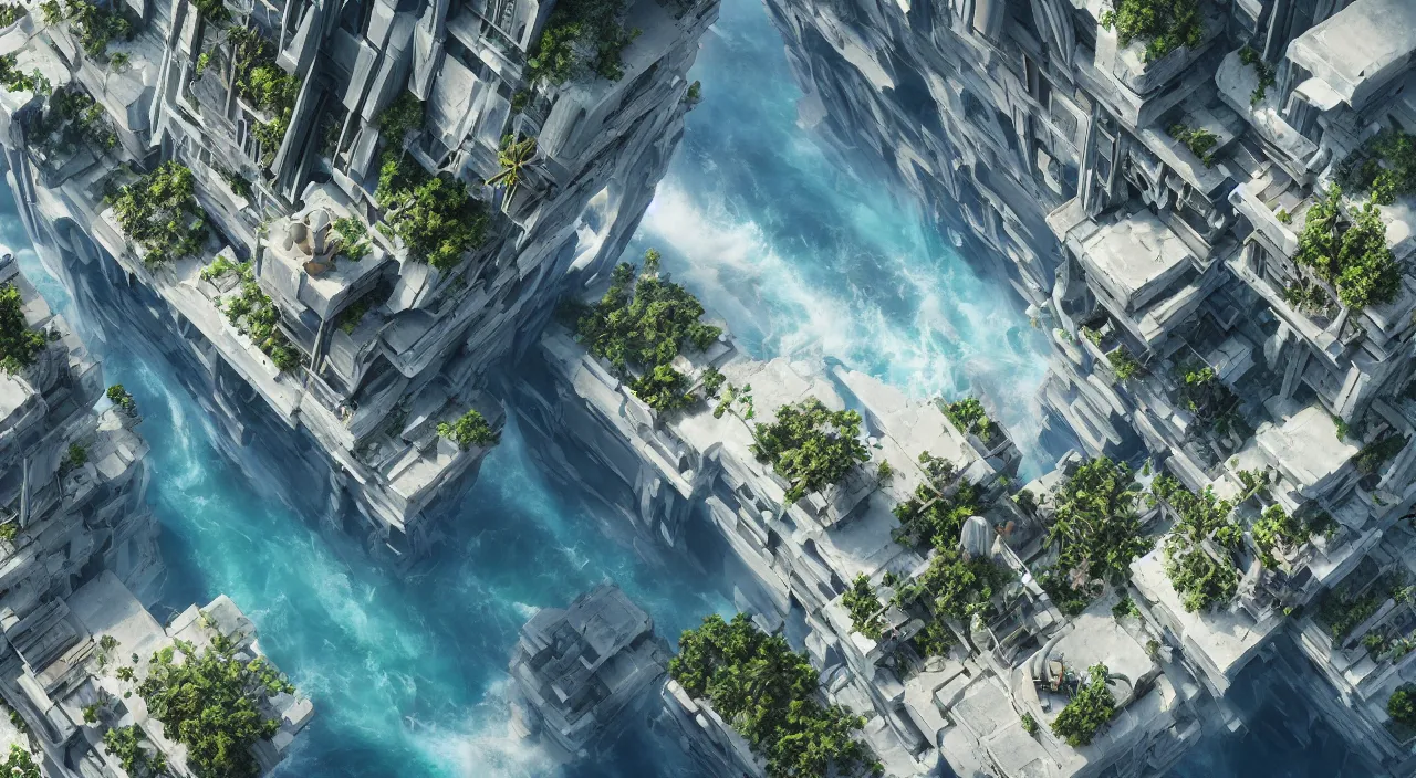 Image similar to a matte painting of high - tech floating city earthquake, concept art, gravels around, coconut palms, weightlessness, reverse, by yang qi, romain jouandeau, quy ho, karol bak, beeple, 4 k, unreal engine, vray render, artstation