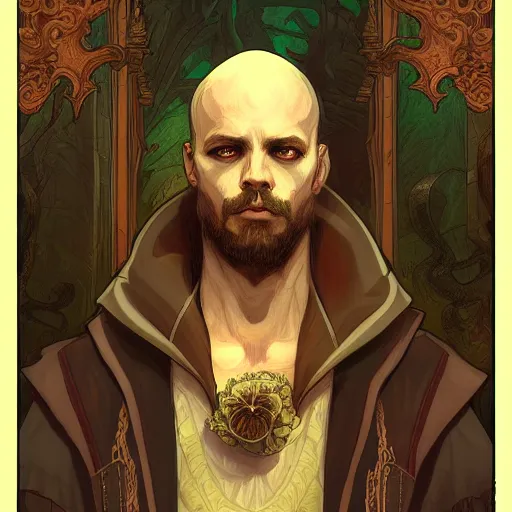 Prompt: a portrait of a male warlock, medium level shot , epic scene, Mucha style , Grim fantasy, illustration ,concept art,