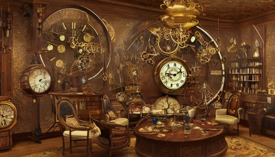 Image similar to a circular common room full of antique clocks, high detail, steampunk, fantasy, mechanical, 4 k, trending on artstation
