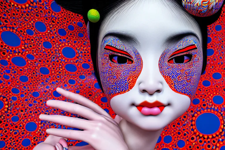 Image similar to hyperrealistic detailed image of a geisha laying in a art installation by yayoi kusama, part by kei mieno, part by alex gray, part by ross tran, part by james jean, ultra realistic, highly detailed, life like face, detailed body, 8 k, unreal engine 5, very cohesive