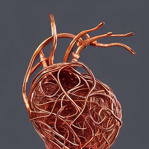 Image similar to a very beautiful tiny ( human heart )!!!!!!!!!!!!!!!!!!!!!!!!! organic sculpture made of copper wire and threaded pipes, very intricate, curved. studio lighting, high resolution, high quality, black background