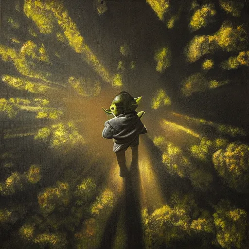 Prompt: view from above, shot from 5 0 feet distance, baby yoda on a well lit path in a dimly lit forest. dramatic clouds, setting sun, oil on canvas. light, shadow, depth, volume, chiaroscuro, drama, quiet intensity, realism, oil