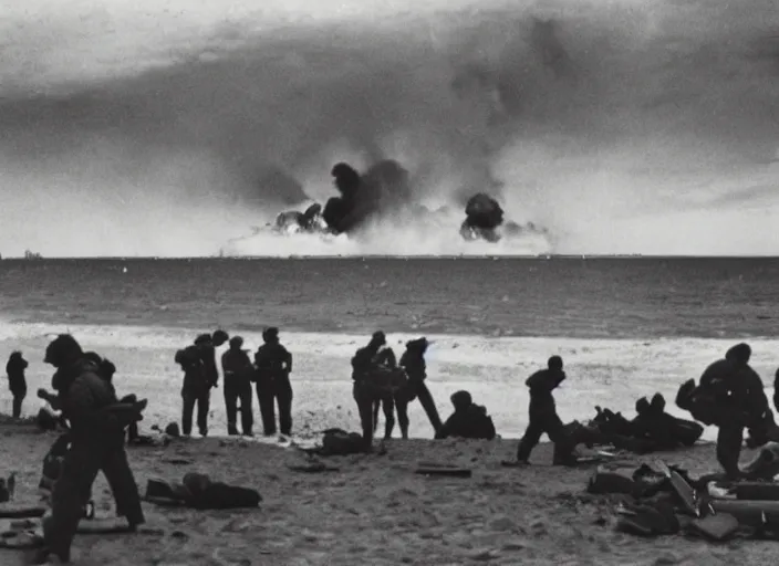 Prompt: vintage photo of a pizza party on omaha beach in normandy with explosions and battle in the background