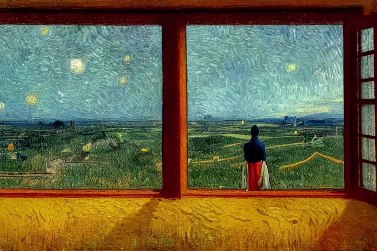 Prompt: a person looking from a window of a colony station in Jupiter, colorful, beautiful, national geographic, very detailed, astrophotography, oil painting, canvas, Vincent van Gogh, Caspar David Friedrich, Theodor Kittelsen, Albert Bierstadt