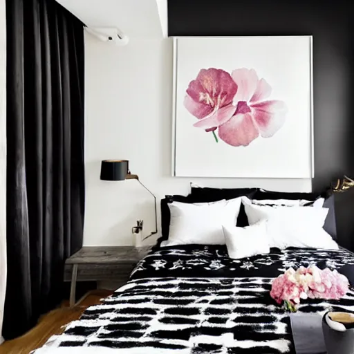 Image similar to bedroom, interior design, stylish luxury hotel bedroom design, feminine, black walls, art, vase with flowers, Japanese and Scandinavian influences