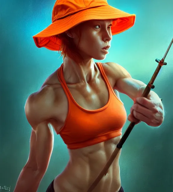 Prompt: muscular female angler, perfect face, bucket hat, orange halter top, ginger hair, abs, cinematic, blush, stunning, athletic, strong, agile, highly detailed, psychedelic, digital painting, artstation, smooth, hard focus, illustration, art by jessica rossier and and brian froud