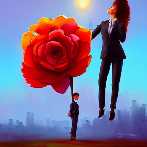 Image similar to portrait, giant rose flower head, girl dancing in a suit, surreal photography, sunrise, blue sky, dramatic light, impressionist painting, digital painting, artstation, simon stalenhag