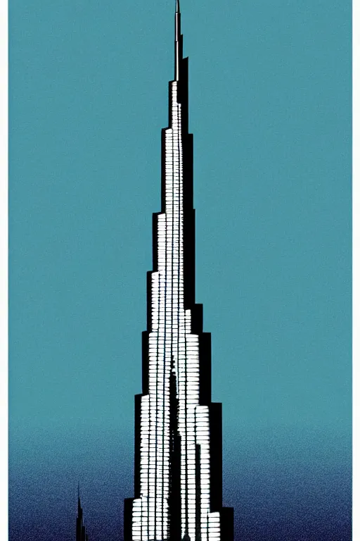 Prompt: a picture of burj khalifa with a sky background, a screenprint by milton glaser, featured on behance, art deco, cyanotype, poster art