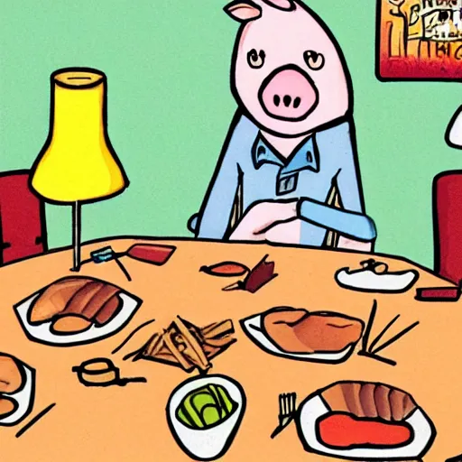 Prompt: a cartoon of a pig sitting at a table eating a human for dinner