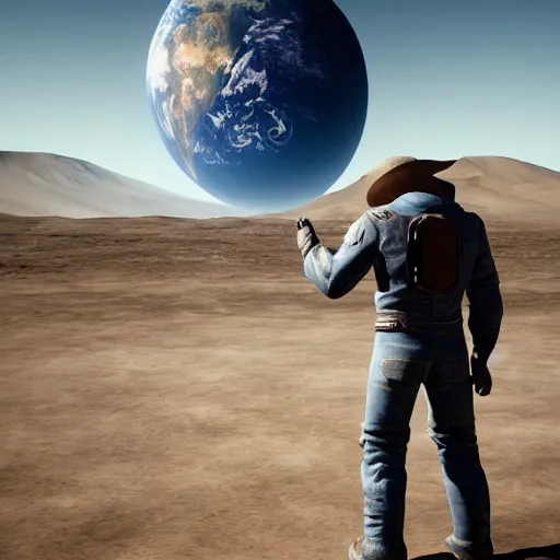 Image similar to apollo 8 cowboy earthrise cowboy in cowboy space, octane render, blender render, unreal engine, 3 5 mm, cowboy, with earth in rising in the sky in the background, trending on artstation, art by bartosz jaworski