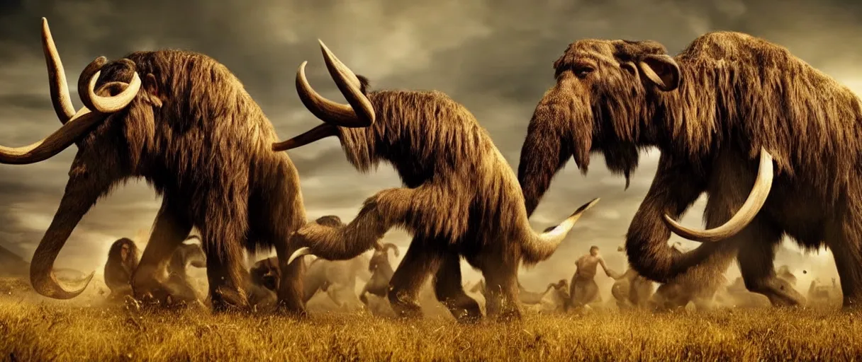 Image similar to made 1 5 0 neanderthal people fighting againts one mammoth, perfect dynamic posture, perfect dynamic environment, perfect dynamic body form, perfect dynamic pose, trending pinterest, perfect dynamic position, award winning photo by national geographic, and pulittzer winner, realistic, bokeh, reduce duplication interference
