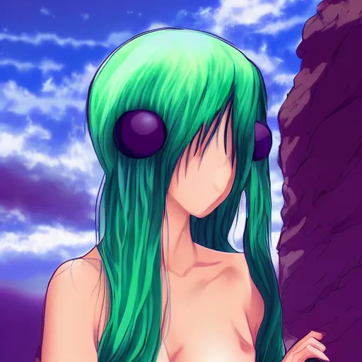 Image similar to anime girl with green hair, meditating on a rock, digital art,