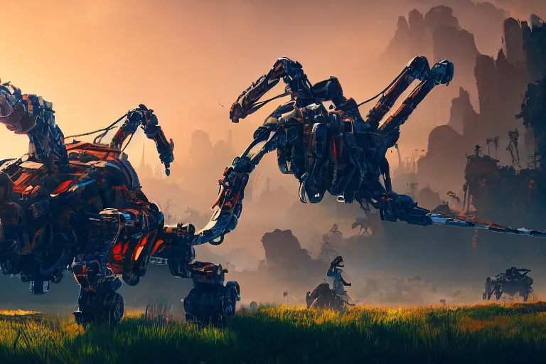 Prompt: scrapper machine mecanical creature robot of horizon forbidden west horizon zero dawn radiating a glowing aura global illumination ray tracing hdr fanart arstation by ian pesty and alena aenami artworks in 4 k