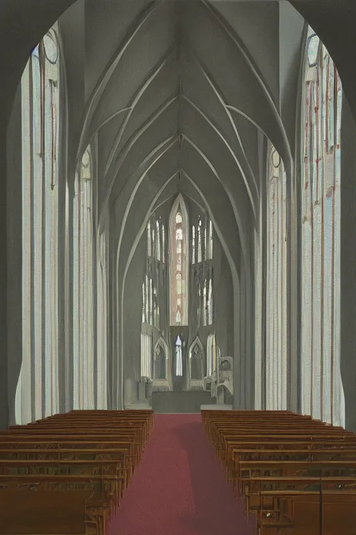 Prompt: scene from wes anderson gothic cathedral building by helen lundeberg