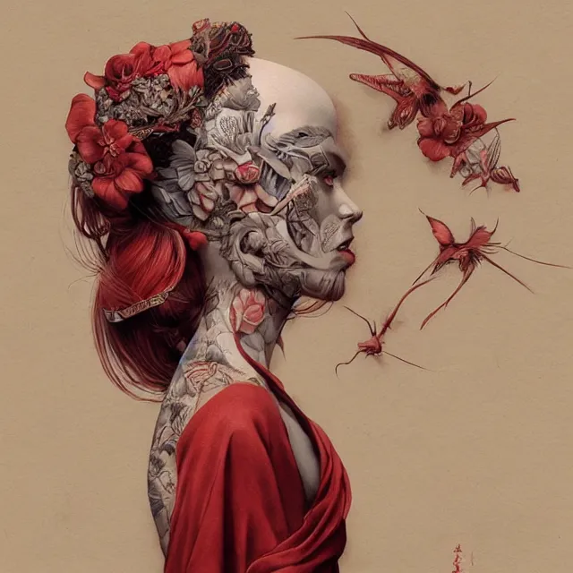 Image similar to ultra realistic illustration, beautiful woman dressed in red kimono, backview, tattoos, in the style of peter mohrbacher by weta digital and beth cavener, high face symmetry, intricate, masterpiece, award winning, high face symmetry, intricate