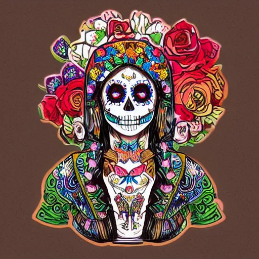 Prompt: mexican day of the dead, sticker style art, trending on artstation, greg rutkowski, john singer sargent, crop top, intricate