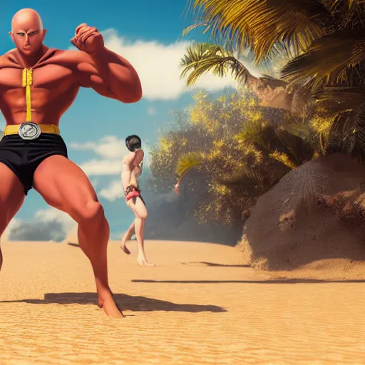 Prompt: onepunchman in sand beach look at me, pixiv, instagram photo, 8 k, octane render, unreal engine 5, cinematic, full hd, ultra realistic, ultra detailed, 8 k 3 d