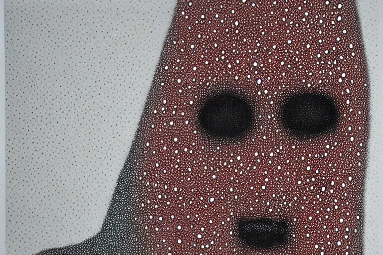 Image similar to face made out of mist, faceless people dark, dots, drip, stipple, pointillism, technical, abstract, minimal, style of francis bacon, asymmetry, pulled apart, cloak, hooded figure, made of dots, abstract, balaclava