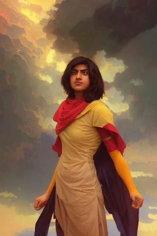 Image similar to A Full View of Kamala Khan played by Iman Vellani, filled with wonder. MCU. John hughes film. masterpiece 4k digital illustration by Ruan Jia and Mandy Jurgens and Artgerm and greg rutkowski and Alexander Tsaruk and WLOP and william-adolphe bouguereau, award winning, Artstation, art nouveau aesthetic, Alphonse Mucha background, intricate details, realistic, panoramic view, Hyperdetailed, 8k resolution, intricate art nouveau