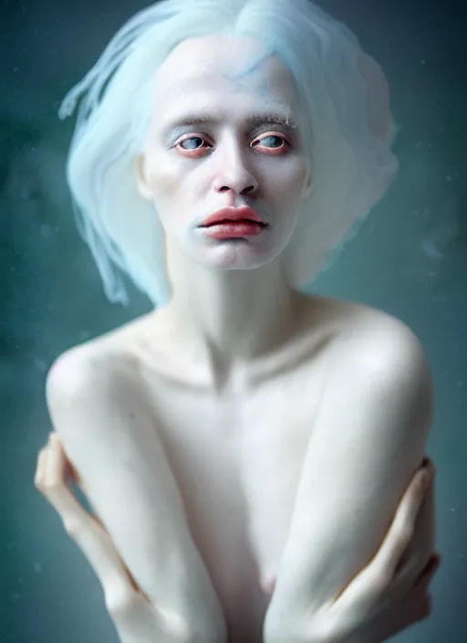 Image similar to cinestill 5 0 d photo portrait of a beautiful metamorphs with woman face, body in weird marble, white hair floating in air, in style of tim walker by roberto ferri, 1 5 0 mm lens, f 1. 2, ethereal, emotionally evoking, head in focus, bokeh volumetric lighting, tonal colors outdoor